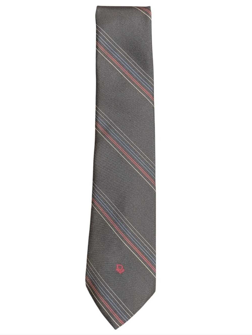 Vtg Christian Dior Charcoal Gray And Dark Red Striped Tie Silk Blend Made in Ita